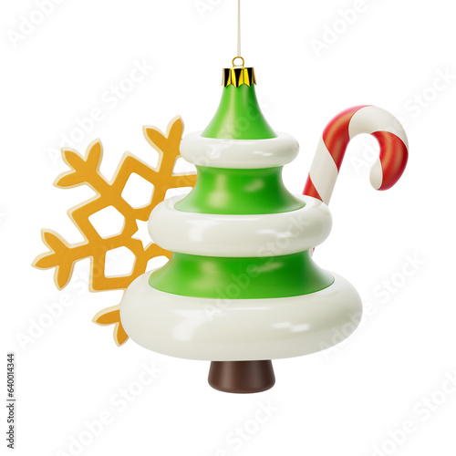 New year's ornaments 3d illustration. Christmas tree, candy cane and snow flake cookie. Bright festive toys