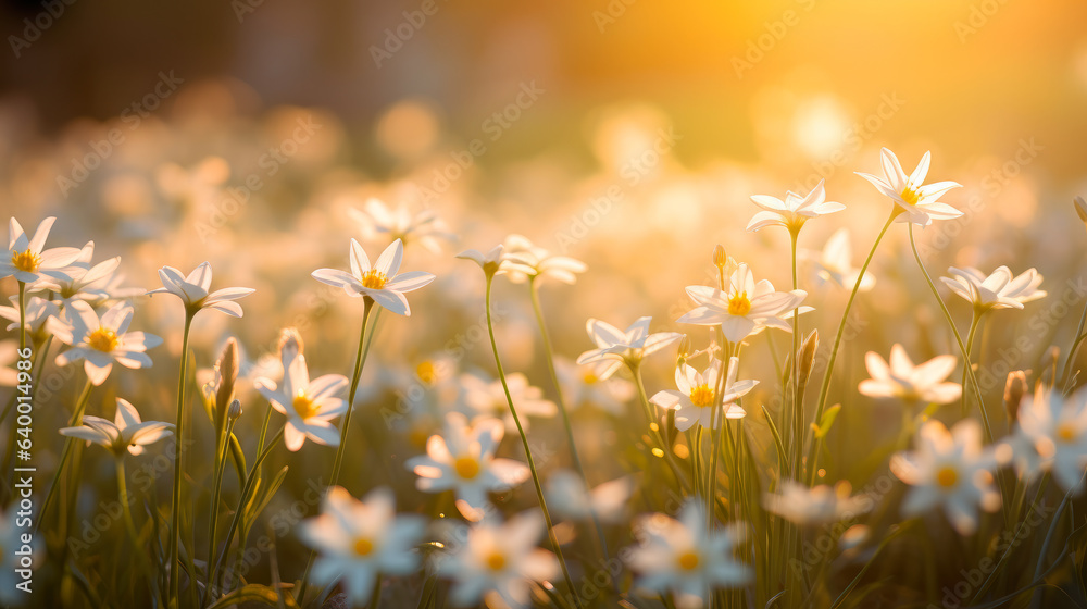 Beautiful delicate EDELWEISS wildflowers under soft light in a field, generative AI