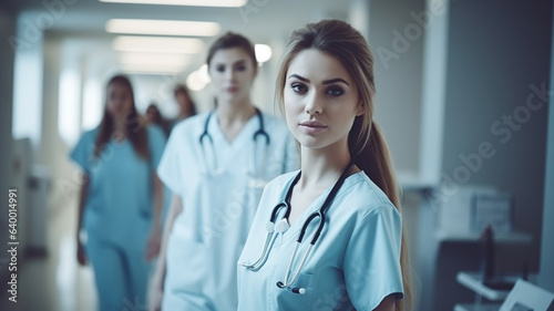 Team of beautiful female nurses or doctors in hospital or health clinic, professional photo for background banner or header