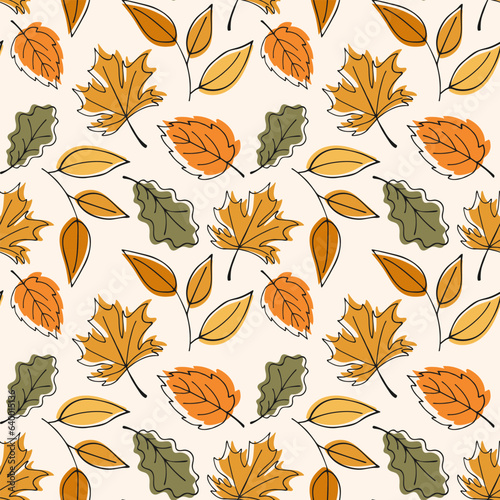 Autumn foliage background. Fall seamless pattern. Line doodle leaves. Colorful botanical natural background