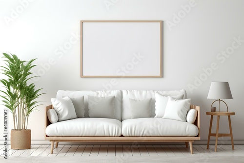 Mockup frame in Scandinavian living room interior, 3d render. generative AI