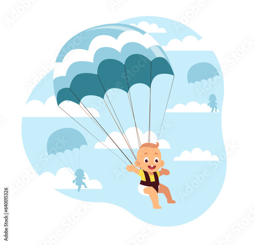 Baby birth concept, little boys and girls descend from sky by parachute. Kids flying in sky. Newborn party invitation card, extreme parachuting sport. Vector cartoon flat isolated illustration