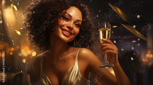 A girl with a glass of champagne on New Year's Eve with a blurred background