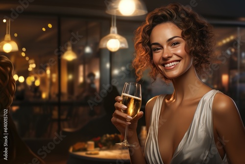 A girl with a glass of champagne on New Year's Eve 