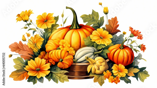 Festive Thanksgiving Day Watercolor Pumpkins and Flowers in Garden Wooden Basket