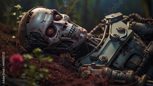 Robot buried in the grave, Arm and hand look like a human toy