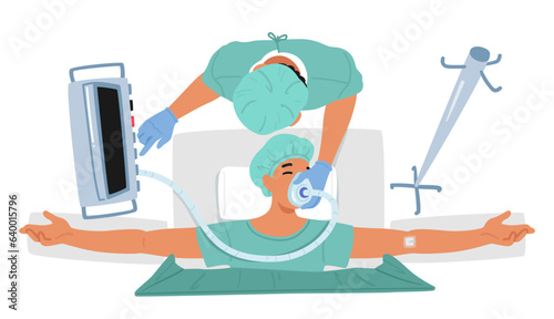 Top View Of Anesthesiologist Character Places Mask On Patient Face During Surgery, Cartoon People Vector Illustration