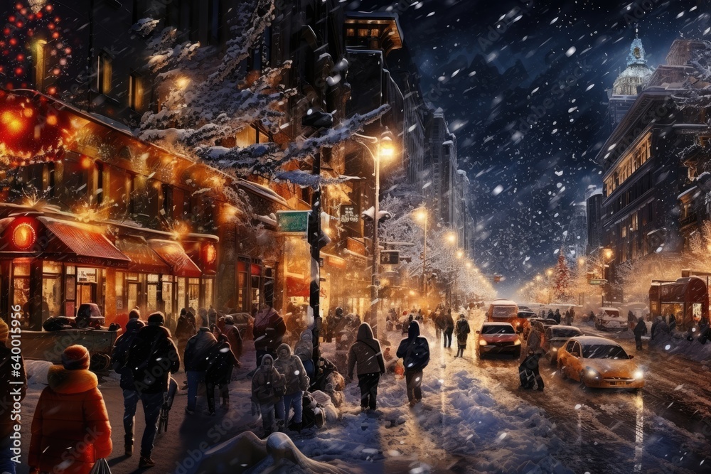 A street in winter with snow decorated for Christmas in the evening