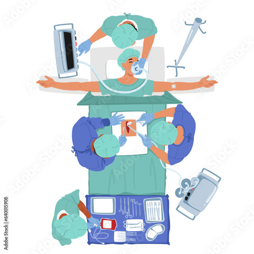 Top View Of Surgery, Operating Table Surrounded By Medical Equipment, Surgical Team, And Patient, Vector Illustration