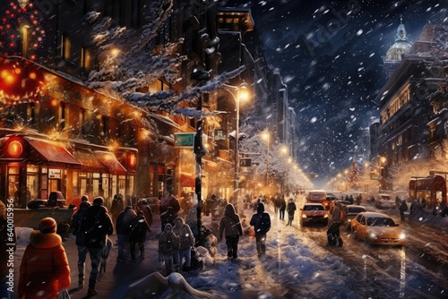 A street in winter with snow decorated for Christmas in the evening