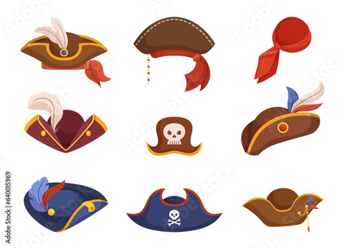 Iconic Pirate Hats Adorned With Feathers, Skulls, Or Ribbons. Filibuster Headwear, Tricorns and Bandana, Vector
