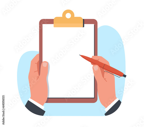 Businessman holds up clipboard with blank form and prepares to make an entry. Man with red pencil and paper. Writing notes in notebook cartoon flat illustration. Vector business concept