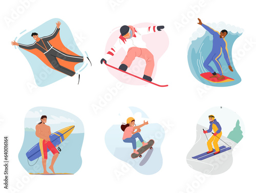 Set Of Male And Female Characters Engage In Extreme Vacation. Men And Women Flying with the Wingsuit, Riding Snowboard