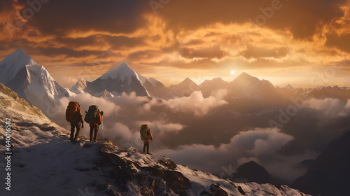 Mountainous Sunset Majesty: Hikers Embrace an Awesome Panoramic View, generative ai 