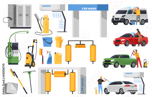 Cartoon car wash elements. Owners take care of vehicles, brushes, vacuum cleaners, rolls and automatic machines with water, man and woman cleaning automobile, tidy vector flat isolated set