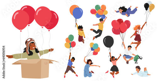 Joyful Kid Characters Soaring On Colorful Balloons, Giggling In The Sky. Their Faces Light Up As They Float Above