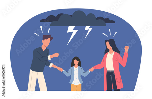 Child caught between divorcing parents fighting for custody of child. Unhappy family, couple disagreement, wife and husband misunderstanding. Cartoon flat style isolated vector concept