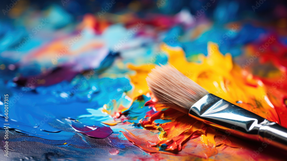 Acrylic colours on plate with paining brushes for art work. Acrylic colours on plate with paining brushes for art work.