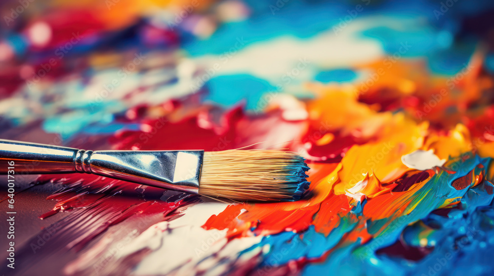 Obraz premium Acrylic colours on plate with paining brushes for art work.