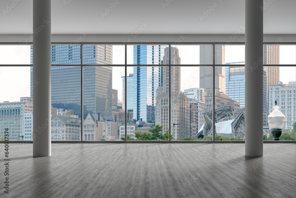 Fototapeta premium Downtown Chicago City Skyline Buildings from High Rise Window. Beautiful Expensive Real Estate overlooking. Epmty room Interior Skyscrapers View in Penthouse Cityscape. Day time. 3d rendering.