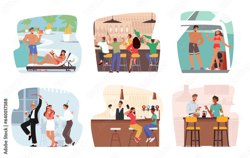 Fototapeta premium Characters in Crowded Bar Filled With Laughter And Chatter. People Mingling, Clinking Glasses, Enjoying Drinks