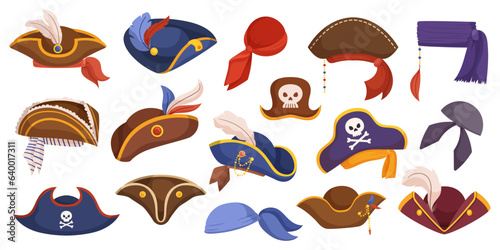 Iconic Pirate Hats, Wide-brimmed, Adorned With Feathers, And A Skull And Crossbones Symbol Or Head Scarves