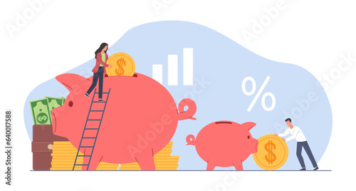 Concept of big and small money savings, huge and little money piggy bank. Family investment strategy, people put income and cash on deposit, various percentage. Vector cartoon flat illustration