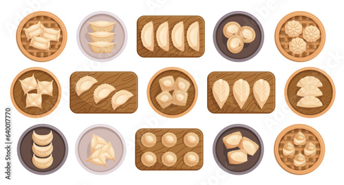 Set Of Dumplings On Wooden Plated And Boards. , Savory Parcels Of Dough Filled With Meat, Vegetables Vector Illustration