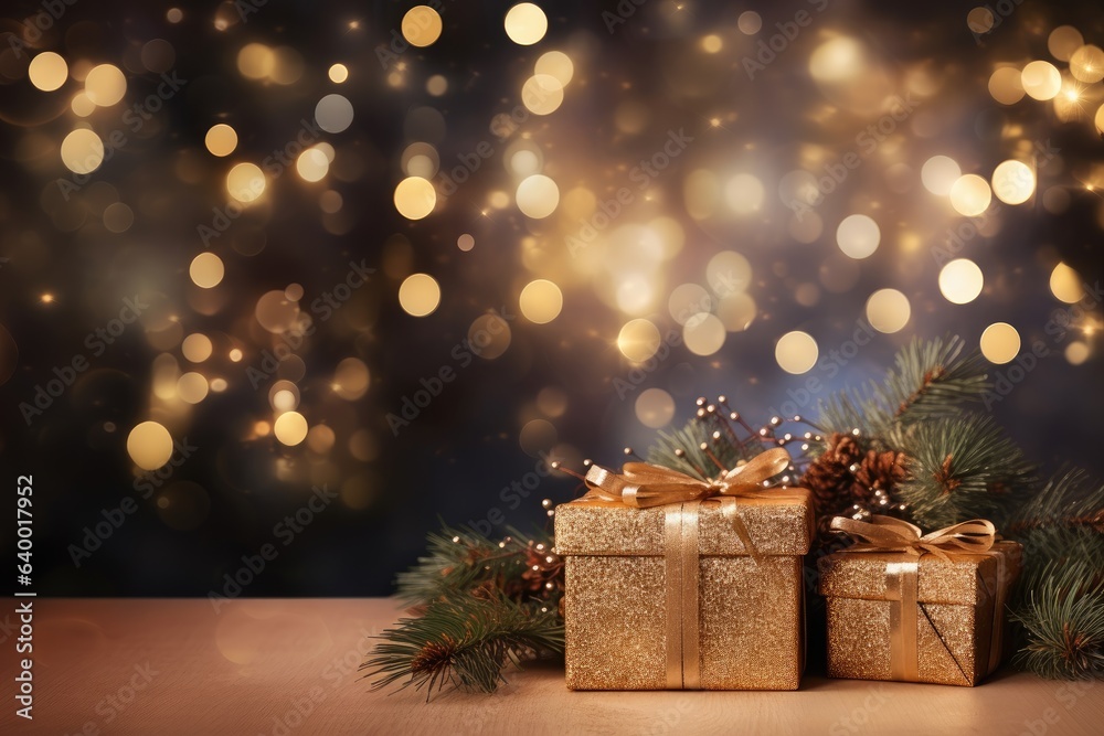 Christmas bokeh background with gifts, a Christmas tree branch with copy space