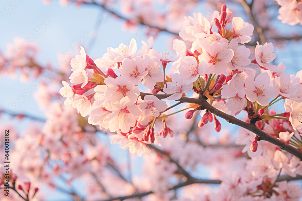 Pink cherry blossom flowers in full bloom adorn a branch against a clear blue sky background.
