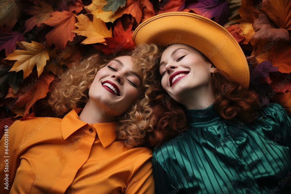 Lesbian couple stretching on fallen leaves in autumn