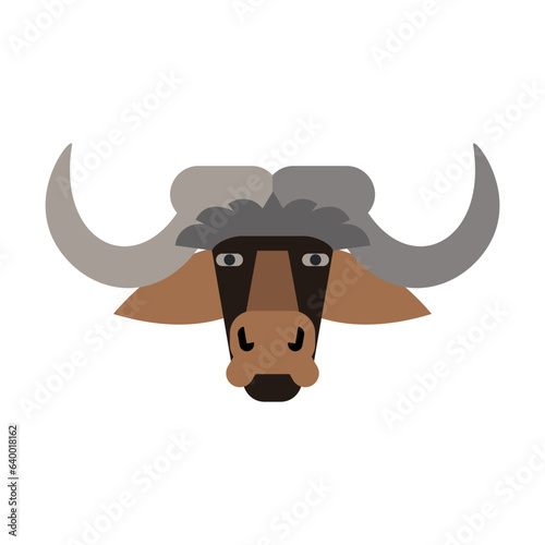 Head of buffalo yak. Muzzle of wild animal cartoon illustration. Wildlife and zoo concept. Sketchy geometric character, mascot. Colored flat vector isolated