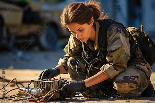 Female bomb disposal expert. Female soldier and bomb disposal training