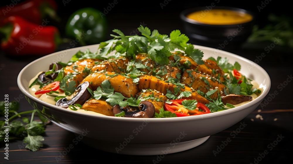 Delicious vegetarian pumpkin curry in a bowl. Healthy, gluten-free and vegan in different variations. - Generative AI