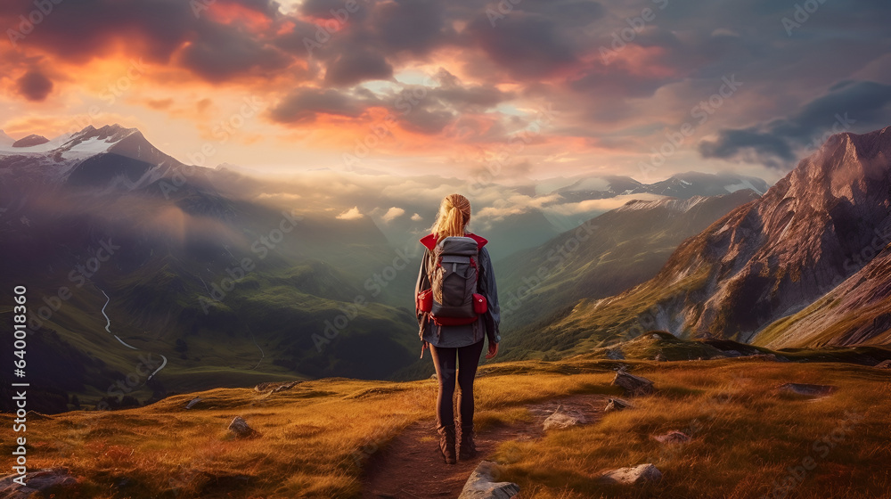 Captivating Tranquility: A Solo Female Hiker Embracing the Breathtaking Sunset View in the Great Outdoors, generative ai