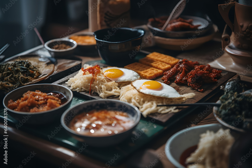 a closeup of a South Korean breakfast, AI generated, Generative AI, AI Art, illustration, - obrazy, fototapety, plakaty 