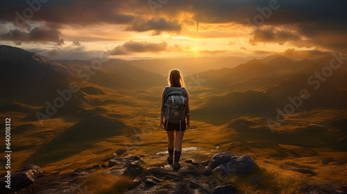 Captivating Tranquility: A Solo Female Hiker Embracing the Breathtaking Sunset View in the Great Outdoors, generative ai
