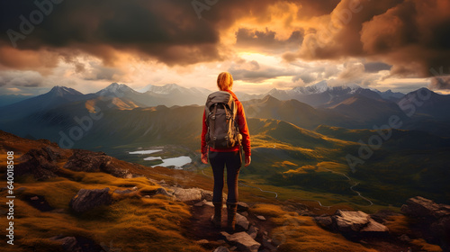Captivating Tranquility: A Solo Female Hiker Embracing the Breathtaking Sunset View in the Great Outdoors, generative ai © Marc