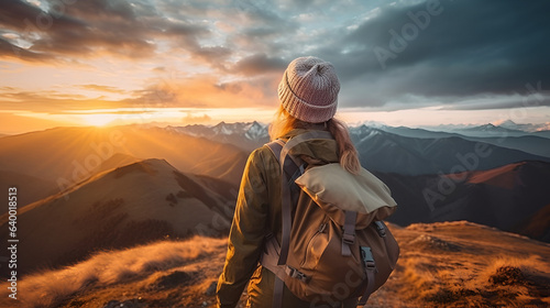 Captivating Tranquility: A Solo Female Hiker Embracing the Breathtaking Sunset View in the Great Outdoors, generative ai © Marc