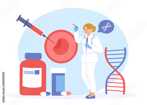 Woman with artificial insemination concept. Young girl with ovum, structure of DNA and syringe. Medical specialist and doctor with female reproductive system. Cartoon flat vector illustration
