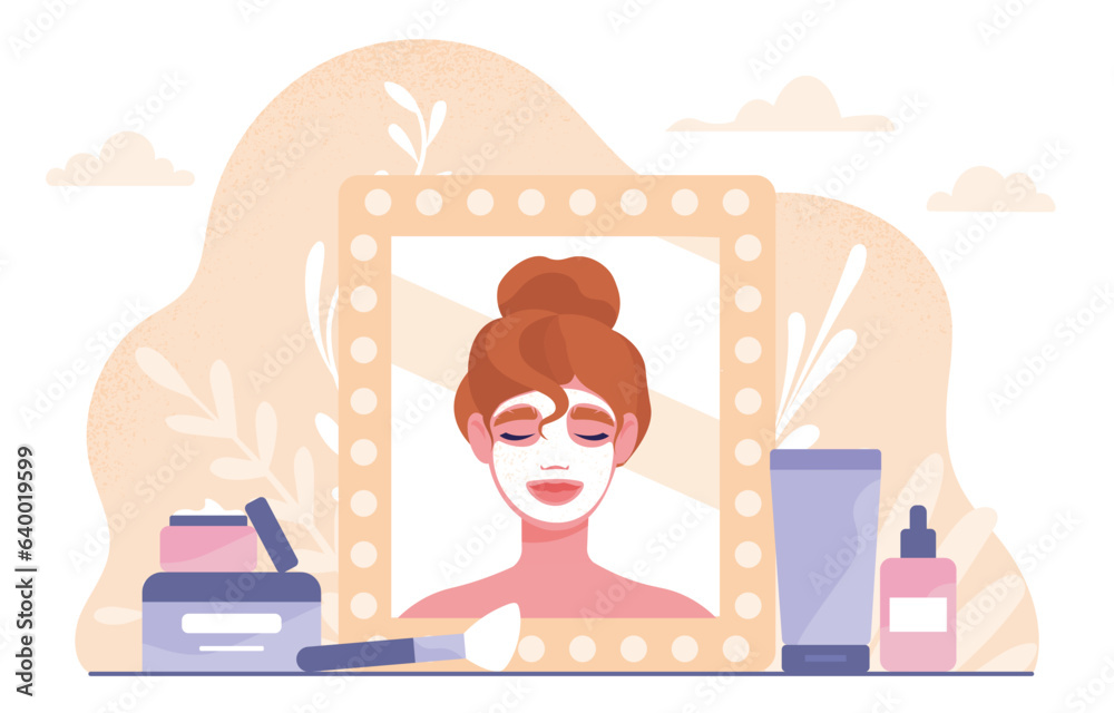Woman with beauty procedures concept. Young girl with face mask and skin care. Beauty, aesthetics and elegance. Character with creams and lotions near mirror. Cartoon flat vector illustration Woman with beauty procedures concept. Young girl with face mask and skin care. Beauty, aesthetics and elegance. Character with creams and lotions near mirror. Cartoon flat vector illustration