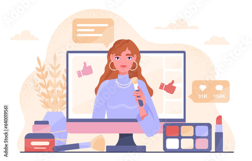 Beauty blogger with brush concept. Woman with brsh for make up and cosmetics products. Aesthetics and elegance. Skin and face care. Powder and lipstick. Cartoon flat vector illustration