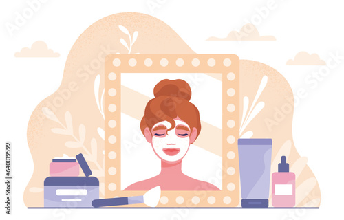 Woman with beauty procedures concept. Young girl with face mask and skin care. Beauty, aesthetics and elegance. Character with creams and lotions near mirror. Cartoon flat vector illustration