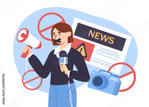 Press ban concept. Woman with microphone and closed mouth. Young girl with loudspeaker and camera. Fake news and propaganda, desinformation. Character lie. Cartoon flat vector illustration