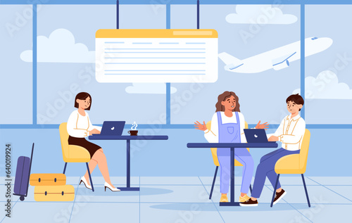 Cafe in airport concept. Men and women sit at tables against backdrop of planes taking off. Travel and tourism, trip and journey. People with coffee and hot drinks. Cartoon flat vector illustration