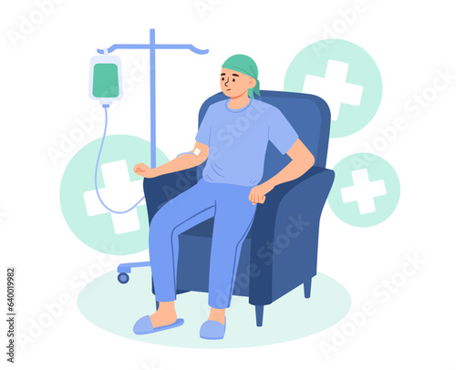 Man with cancer concept. Young guy with dropper in his hand sitting on chair. Diagnosis and treatment. Character after chemotherapy. Healthcare and medicine. Cartoon flat vector illustration