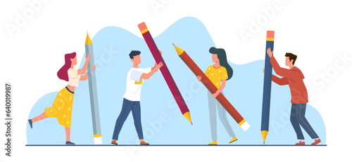 Copywriting and blogging, guys and girls with huge pencils. Writer character or content manager stands with pen. Creative stationery cartoon flat style illustration. Vector marketing concept