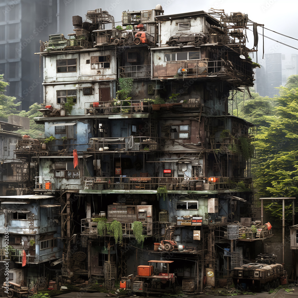 imaginary slum city in multi-level favela architecture