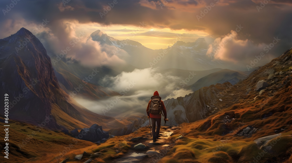 Mountains Embracing Sunset: A Hiker's Backview Amidst Snowy Peaks, generative ai 