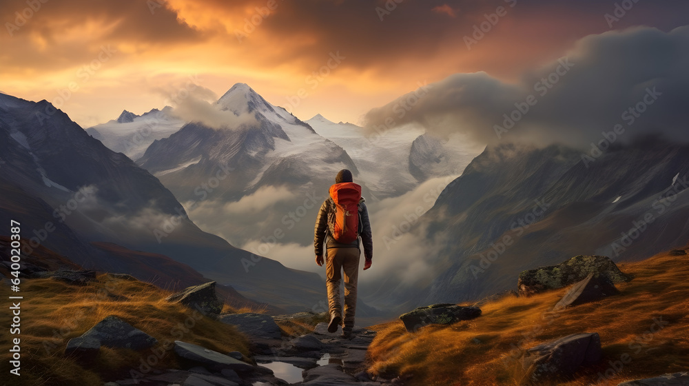 Serenity on High: Sunset and Snow-Capped Peaks from a Hiker's View, generative ai 